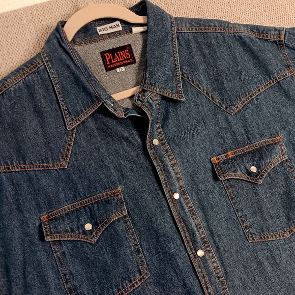 Plains Vintage Western Denim Shirt Men 2X  Blue Pearl Snap Big Mans Short Sleeve - Picture 2 of 15